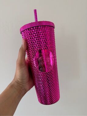 NEW Starbucks 2021 Pink Sangria Bling Metallic Studded Chrome Tumbler 24oz
